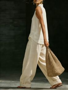 SHEIN Franclia 女士休闲都市风白色亚麻V领无袖上衣和阔腿裤套装 - 米色 - 查看 2