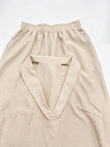 SHEIN Franclia 女士休闲都市风白色亚麻V领无袖上衣和阔腿裤套装 - 米色 - 查看 9