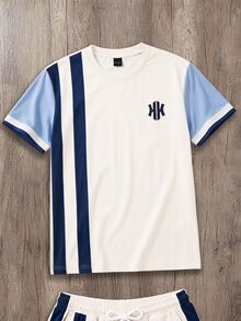 Manfinity Joysei Men's Geometric Striped Print Patchwork Short Sleeve T-Shirt, Suitable For Casual Daily Wear - White - View 4