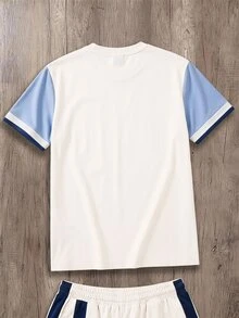 Manfinity Joysei Men's Geometric Striped Print Patchwork Short Sleeve T-Shirt, Suitable For Casual Daily Wear - White - View 6