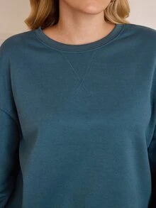 Rosumi 大尺碼純色圓領保暖內裡休閒柔軟修身女款衛衣 秋冬度假辦公穿著 藍綠色 2026 秋冬 - 霧霾藍 - 查看 9