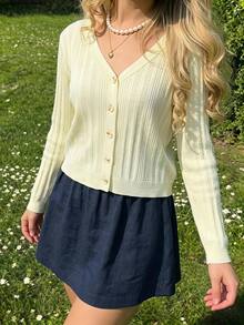 Suéter de punto con textura para niñas preadolescentes, manga larga, ropa de vuelta al colegio, adecuado para otoño/invierno - Amarillo - Ver 1