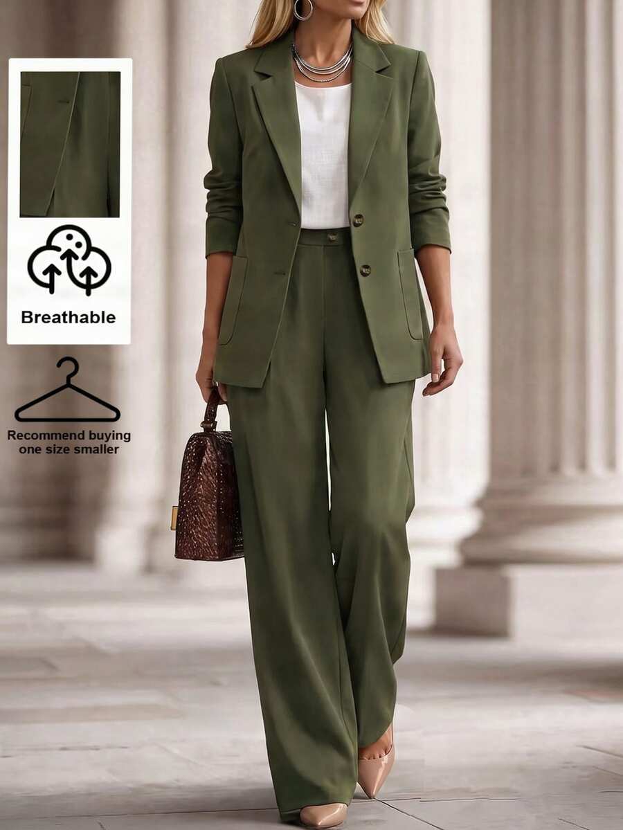 SHEIN 女款休閒兩件套,女款法式風格兩件套,女款休閒外出兩件套,女款拼色拼接兩件套,女款通勤兩件套,女款優雅派對兩件套,女款套裝兩件套 - 軍綠色 - 查看 1