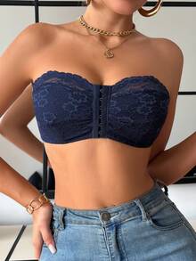 Lace Wireless Camisole Front Closure Bra, Tube Top Style - Blue - View 5