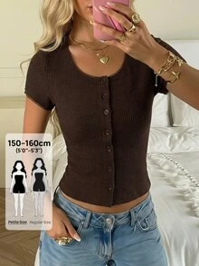 SHEIN PETITE 女款休閒時尚通勤美式棕色鈕扣針織上衣 - 棕色 - 查看 1