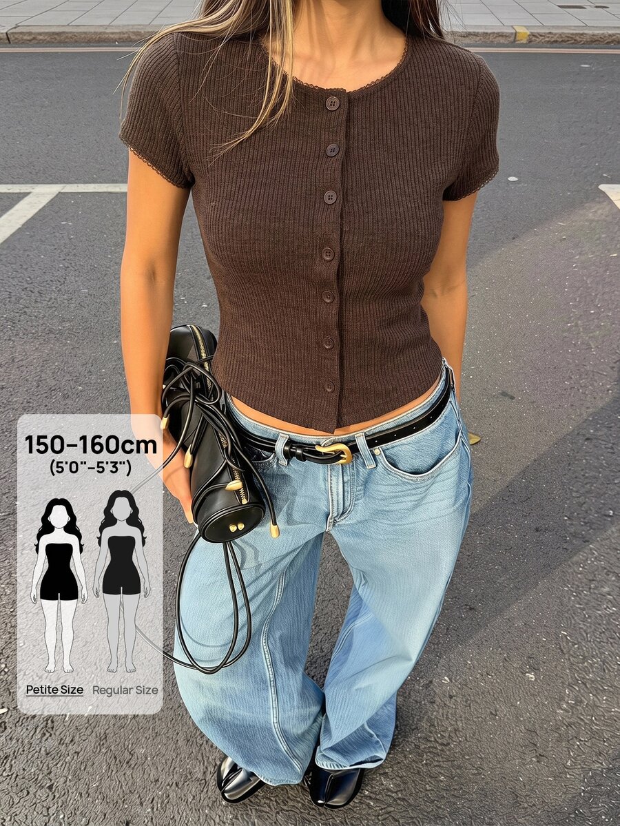 SHEIN PETITE Women's Casual, Fashionable, Commuter-Friendly American-Style Brown Button-Down Knit Top - Brown - View 1