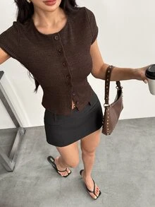 SHEIN PETITE 女款休閒時尚通勤美式棕色鈕扣針織上衣 - 棕色 - 查看 3