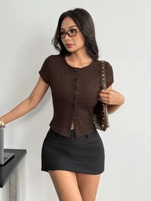 SHEIN PETITE 女款休閒時尚通勤美式棕色鈕扣針織上衣 - 棕色 - 查看 6