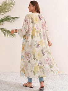 Rosumi 女款大尺碼度假印花雪紡長版開襟外套 - 淡黃色 - 查看 3