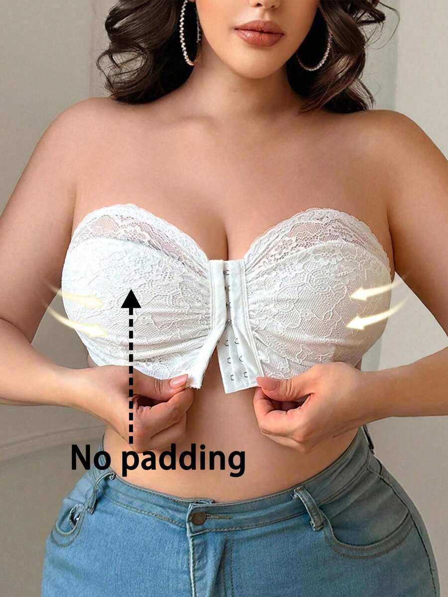 SHEIN 1pc Plus Size Women Front Close Lace Bra - White - View 1