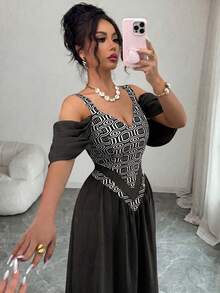 Elenzga Elegant Romantic Exquisite Women's Spaghetti Strap Sexy Off-Shoulder Print A-Line Vacation Dress - Multicolor - View 4