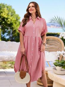 Rosumi Plus Size Women Fashion Versatile Striped Button Front Dress Summer Outfit For Festival Outfits Beach Vacation Holiday Country Concert - Red - View 1