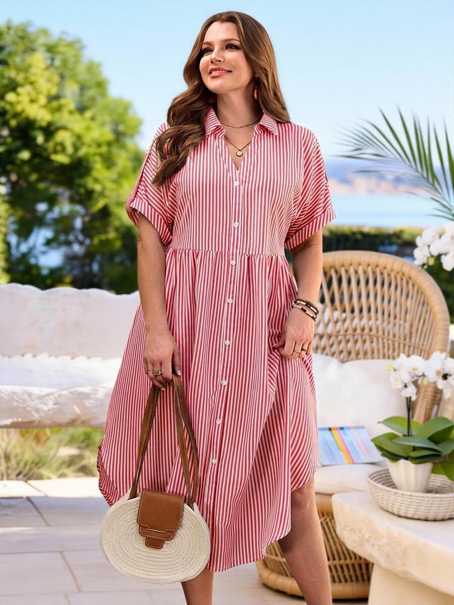 Rosumi Plus Size Women Fashion Versatile Striped Button Front Dress Summer Outfit For Festival Outfits Beach Vacation Holiday Country Concert - Red - View 1