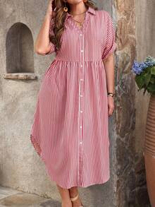 Rosumi Plus Size Women Fashion Versatile Striped Button Front Dress Summer Outfit For Festival Outfits Beach Vacation Holiday Country Concert - Red - View 6