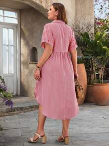 Rosumi Plus Size Women Fashion Versatile Striped Button Front Dress Summer Outfit For Festival Outfits Beach Vacation Holiday Country Concert - Red - View 3
