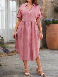 Rosumi Plus Size Women Fashion Versatile Striped Button Front Dress Summer Outfit For Festival Outfits Beach Vacation Holiday Country Concert - Red - View 8