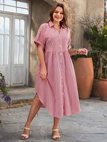 Rosumi Plus Size Women Fashion Versatile Striped Button Front Dress Summer Outfit For Festival Outfits Beach Vacation Holiday Country Concert - Red - View 5