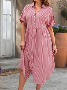 Rosumi Plus Size Women Fashion Versatile Striped Button Front Dress Summer Outfit For Festival Outfits Beach Vacation Holiday Country Concert - Red - View 4