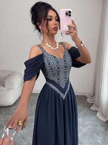 Elenzga Elegant Romantic Exquisite Women's Spaghetti Strap Sexy Open Shoulder Print A-Line Vacation Dress - Multicolor - View 5