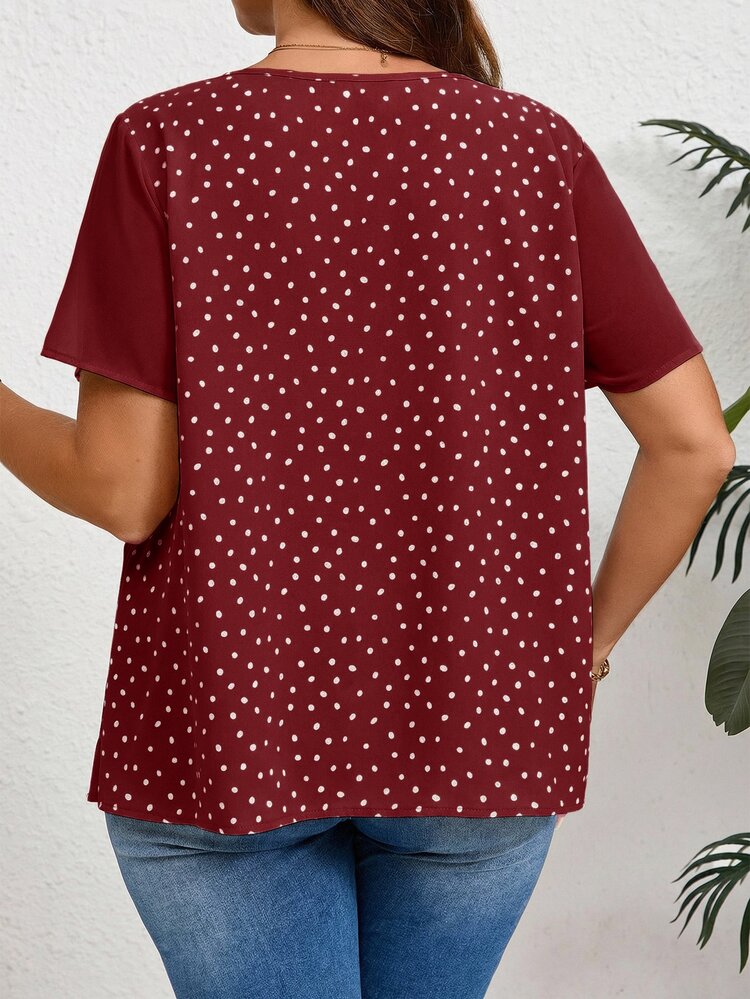 Rosumi Women's Plus Size Red Round Neck Polka Dot Blouse - Burgundy - View 3