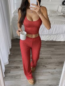 Flirla 两件套吊带背心和罗纹布裤休闲家居服套装 - 紅色 - 查看 6