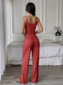 Flirla 两件套吊带背心和罗纹布裤休闲家居服套装 - 紅色 - 查看 2