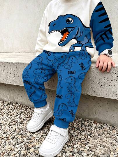 SHEIN 2pcs Baby Boys Cute Dinosaur Print Fleece Crew Neck Long Sleeve Sweatshirt And Matching Fleece Sweatpants Set, Suitable For Autumn/Winter