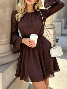 SHEIN PariChic فستان نسائي بأسلوب فرنسي مع أكمام مكشكشة واسعة وخصر مطاطي قصير من الشيفون البني فستان الجنية - بني - مشاهدة 4