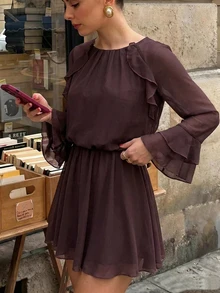 SHEIN PariChic فستان نسائي بأسلوب فرنسي مع أكمام مكشكشة واسعة وخصر مطاطي قصير من الشيفون البني فستان الجنية - بني - مشاهدة 3
