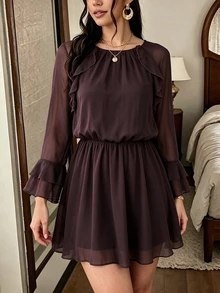 SHEIN PariChic فستان نسائي بأسلوب فرنسي مع أكمام مكشكشة واسعة وخصر مطاطي قصير من الشيفون البني فستان الجنية - بني - مشاهدة 1