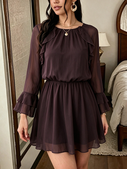 SHEIN PariChic فستان نسائي بأسلوب فرنسي مع أكمام مكشكشة واسعة وخصر مطاطي قصير من الشيفون البني فستان الجنية