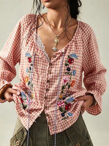 SHEIN Women's Vintage Red Apricot Plaid Floral Embroidered Blouse, Tassel Tie Bell Sleeve Loose Cardigan Top - Red - View 3