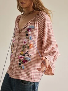 SHEIN Women's Vintage Red Apricot Plaid Floral Embroidered Blouse, Tassel Tie Bell Sleeve Loose Cardigan Top - Red - View 8