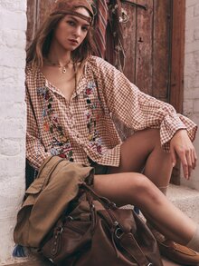 SHEIN Women's Vintage Red Apricot Plaid Floral Embroidered Blouse, Tassel Tie Bell Sleeve Loose Cardigan Top - Red - View 5