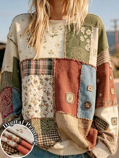Selamara Sweatshirt Wanita Motif Bunga Kecil Berblok Warna Patchwork Tepi Kasar Kerah Bulat, Atasan Lengan Panjang Longgar Gaya Vintage Niche