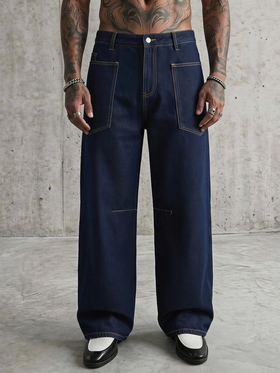 AXEPEAK Men's Casual Versatile Washed Pocket Button Denim Jeans - Blue - View 1