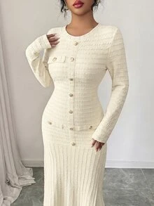 Modelyn 优雅长款酒红色椭圆领连衣裙，适合女士冬季外出穿着 - 杏色 - 查看 5