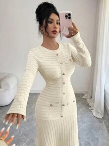 Modelyn 优雅长款酒红色椭圆领连衣裙，适合女士冬季外出穿着 - 杏色 - 查看 4