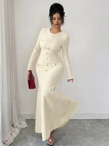 Modelyn 优雅长款酒红色椭圆领连衣裙，适合女士冬季外出穿着 - 杏色 - 查看 3