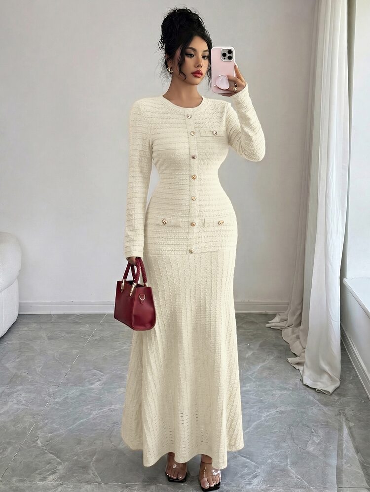 Modelyn Elegant Long Burgundy Oval Collar Dress For Women, Suitable For Outings In Winter Elegant Dresses For Women - Apricot - View 6
