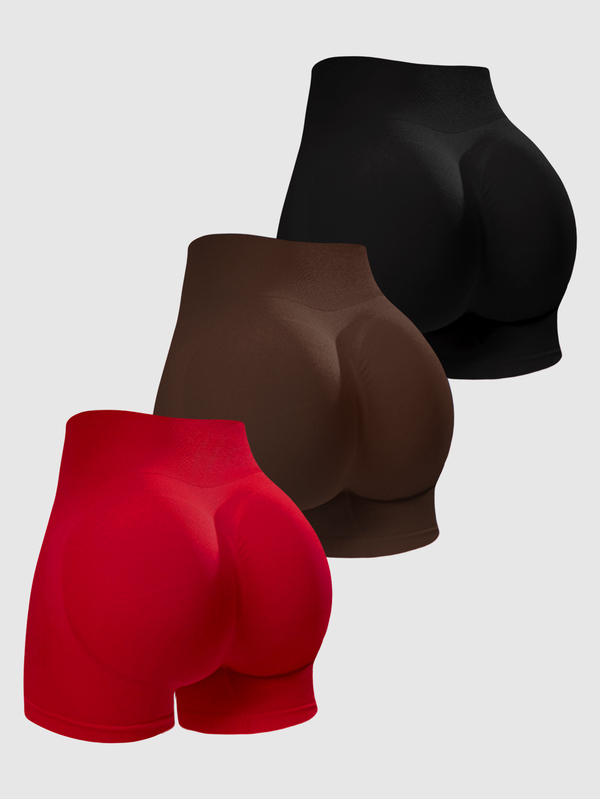 Velisys Velisys 3 piezas Shorts ajustados para mujer, negro, marrón oscuro, rojo, alta elasticidad, cómodos, tejido sin costuras, para yoga, fitness, senderismo, uso diario