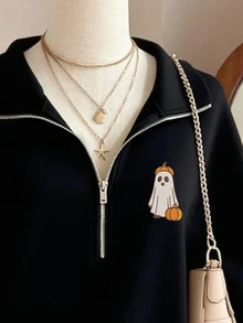 SHEIN Halloween Embroidered Pumpkin & Ghost Pattern Women Sweatshirt - Black - View 3