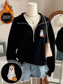 SHEIN Halloween Embroidered Pumpkin & Ghost Pattern Women Sweatshirt - Black - View 1