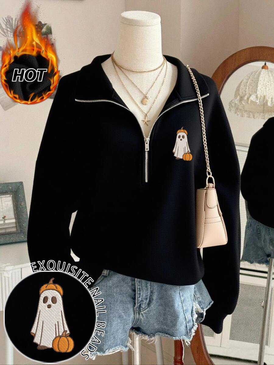 SHEIN Halloween Embroidered Pumpkin & Ghost Pattern Women Sweatshirt - Black - View 1