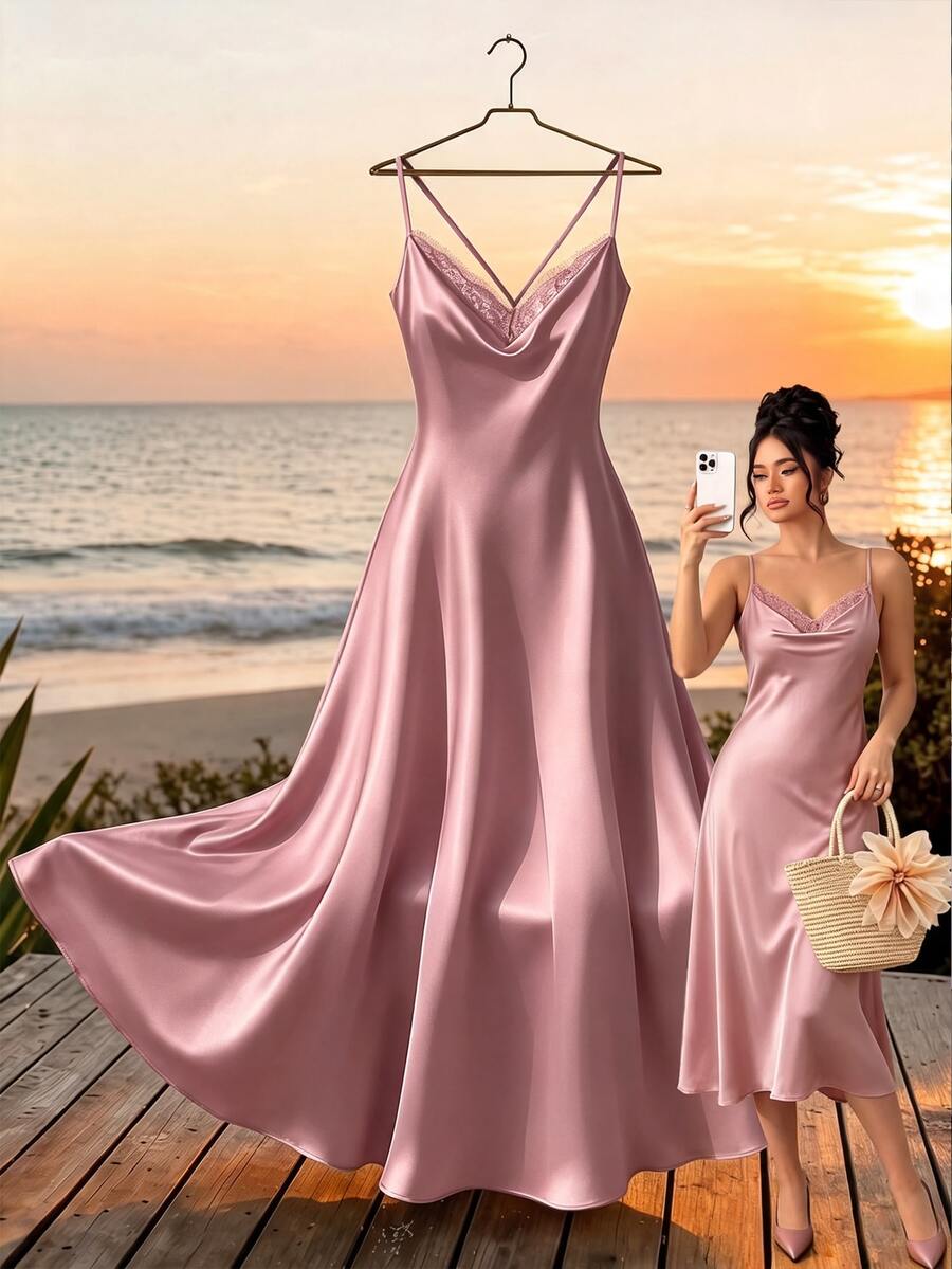 GlowEve CURVE Plus Size Women's Sweet Elegant Lace Patchwork Cami Dress - Pink - View 1