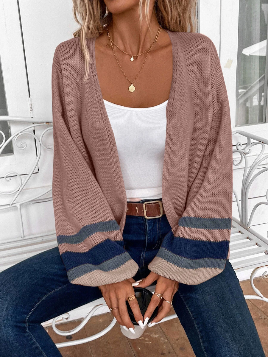 Rosumi Plus Size Women's Casual Soft Form Colorblock Dusty Rose Pattern Drop Shoulder Loose Lantern Sleeve Cardigan, Autumn Winter Vacation Office Homewear - Brown - View 1