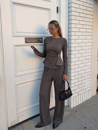 Siren Gaze 2026 Autumn/Winter Dark Brown Metal Buckle Waist Ruched Top And Pants Set, Asymmetrical Hem Suitable For Home, Outing, Casual, Commute, Vacation