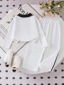 SHEIN Playful Pals 女童學院風拼色 Polo 兩件套，白色與黑色對比領上衣搭配側條紋寬腿褲，經典馬術刺繡休閒套裝，春秋極簡俐落版型，適合上學與外出，清新百搭造型 - 白色 - 查看 2
