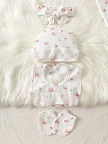 SHEIN 新生女嬰白色花卉連身衣+帽子+手套+圍兜+髮飾+包巾6件套，長袖連腳連身衣，前扣鈕扣開合，蕾絲拼接甜美可愛風，柔軟面料，適合滿月禮物、出生賀禮禮盒套裝 - 白色 - 查看 9