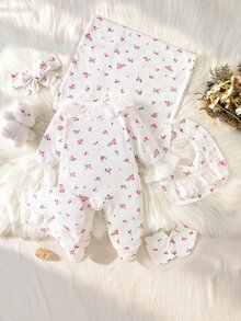 SHEIN 新生女嬰白色花卉連身衣+帽子+手套+圍兜+髮飾+包巾6件套，長袖連腳連身衣，前扣鈕扣開合，蕾絲拼接甜美可愛風，柔軟面料，適合滿月禮物、出生賀禮禮盒套裝 - 白色 - 查看 3